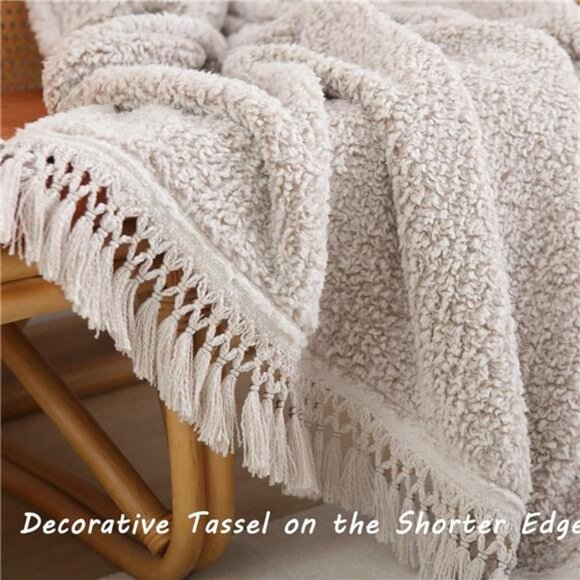 Cozy Sherpa Throw Blanket Lightweight Warm Reversible Ombre Tassel Sofa Couch - Picture 2 of 7